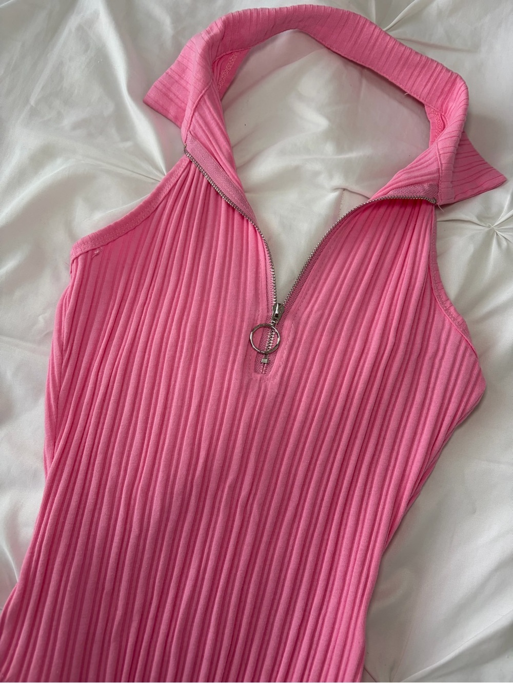 Pink Ribbed Halter One-Piece Bodysuit - Picture 2 of 5
